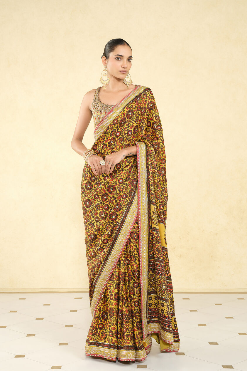Kasano Ajrakh Hand-block Printed Silk Saree - Mustard, Mustard, image 2
